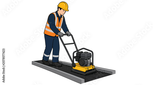 Obraz na plátně Construction worker compacting asphalt with a plate compactor