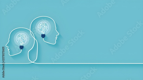 Innovative thinking and creative collaboration concept with human head profiles and gear light bulbs
