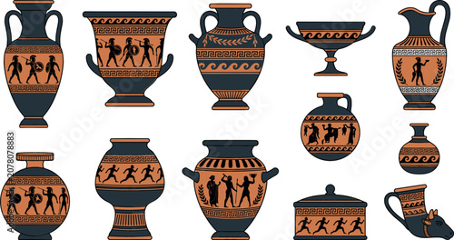 Εκτύπωση καμβά Ancient Greek black figure pottery vase collection with traditional terracotta a