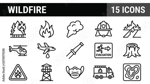 Foto Wildfire icon set with 15 line vector elements