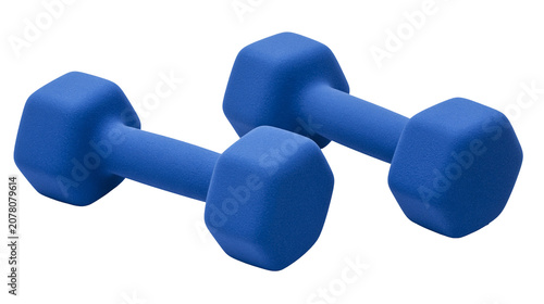 Foto Two blue neoprene dumbbells, isolated on transparent background