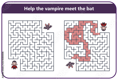 Vampire maze activity for kids featuring bats and pathways  with Halloween theme  