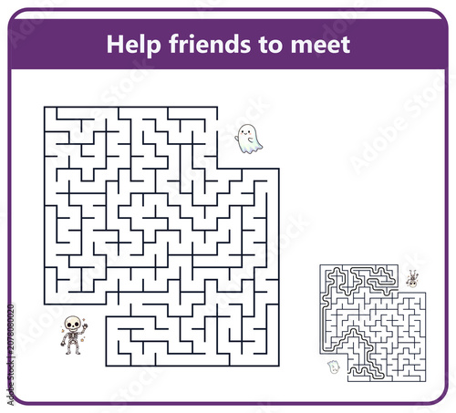 Cartoon maze puzzle for kids with ghosts and skeleton characters  with Halloween theme  