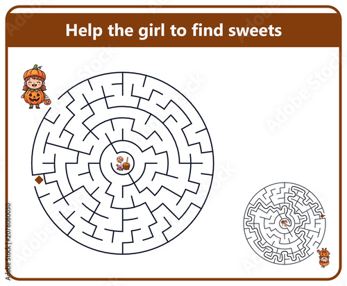 Cute girl navigating a maze to find sweets with Halloween theme  