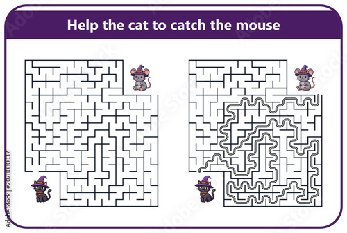 Cat and mouse maze puzzle for children with Halloween theme  