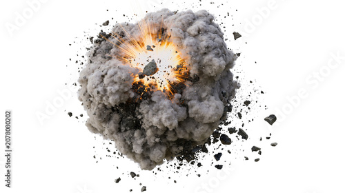 Tableau sur toile Intense explosion with bright light and flying debris, isolated on transparent b