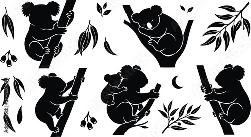 Photography Koala Bear Silhouette Icon Set with Marsupial Climbing, Sleeping, Mother and Joe