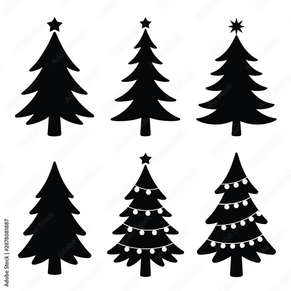 Obraz premium Christmas Tree Silhouettes With Stars And Lights Black On White
