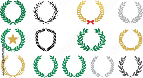 Laurel wreath collection with gold silver and green olive branches heraldic shields stars wheat ears and victory reward icons vector illustration