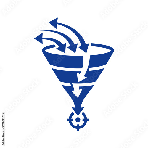 A blue funnel icon showing a process flow with arrows