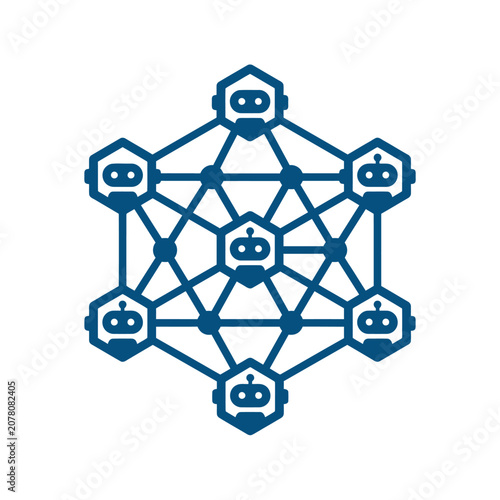 A blue geometric network of interconnected robotic head icons