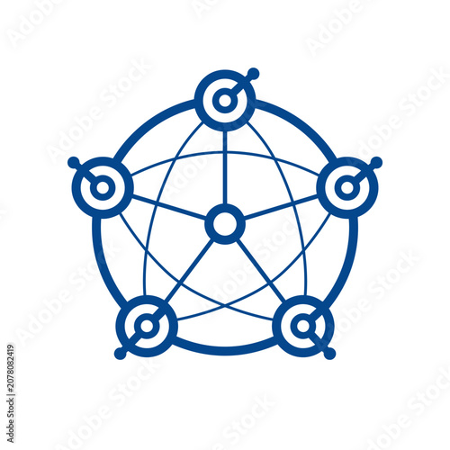 A blue geometric network icon on a clean white background