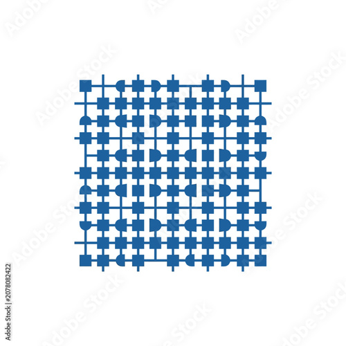 A blue geometric pattern features repeating squares and semi-circles