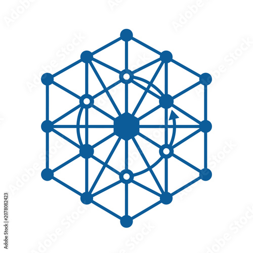 A blue geometric network structure on a clean white background