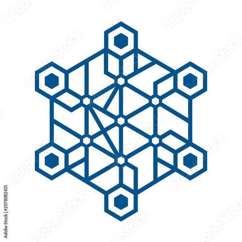 A blue geometric pattern forms a complex hexagonal network design