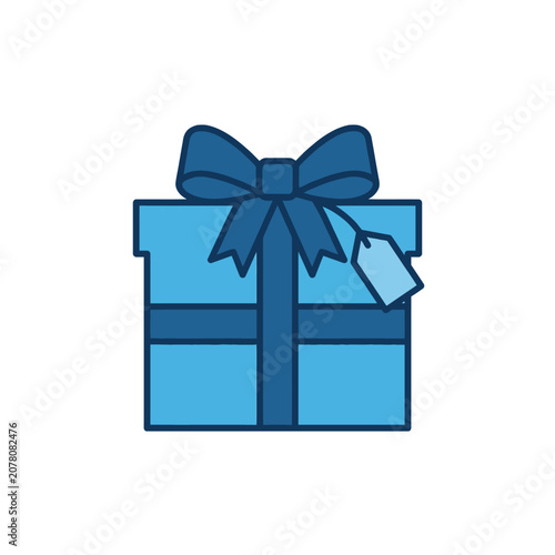 A blue gift box with a decorative ribbon and tag