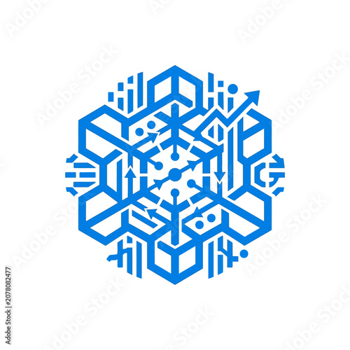 A blue geometric snowflake icon with digital circuit board patterns