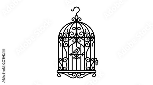 Canvastavla Ornate Birdcage with Small Bird Silhouette, Vintage Style