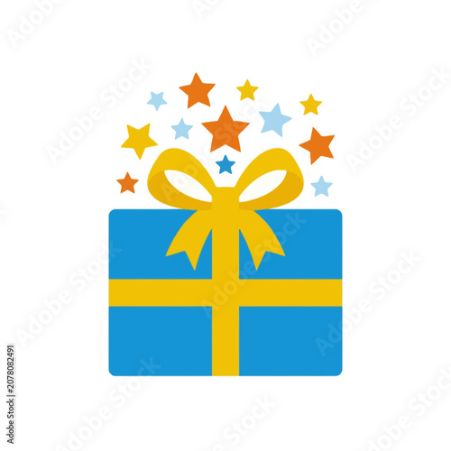 A blue gift box with a yellow ribbon and colorful stars