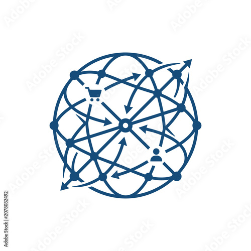 A blue global network icon with shopping and user symbols