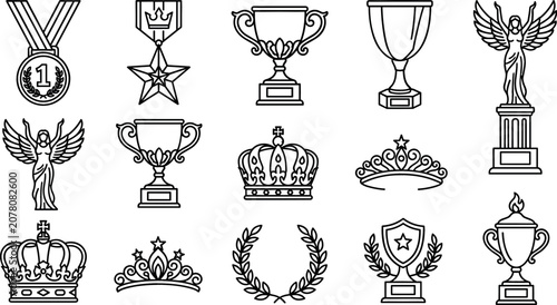Trophy and award line icon set with winner medals achievement cups golden crowns laurel wreaths and success symbols vector illustration