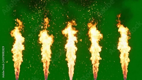 Five simultaneous fire jets with sparks on green screen for visual effects flames explosion pyrotechnics