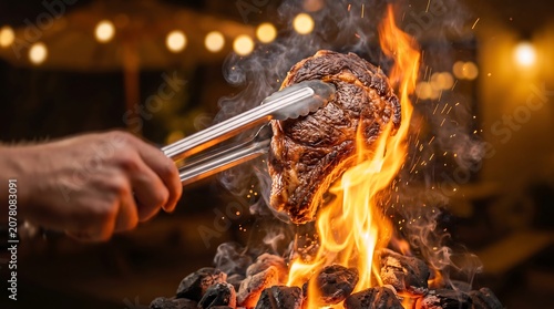 Mans hand using stainless steel kitchen tongs to flip a thick juicy ribeye beef steak over burning hot charcoal briquettes with high fire flames and smoke at night
