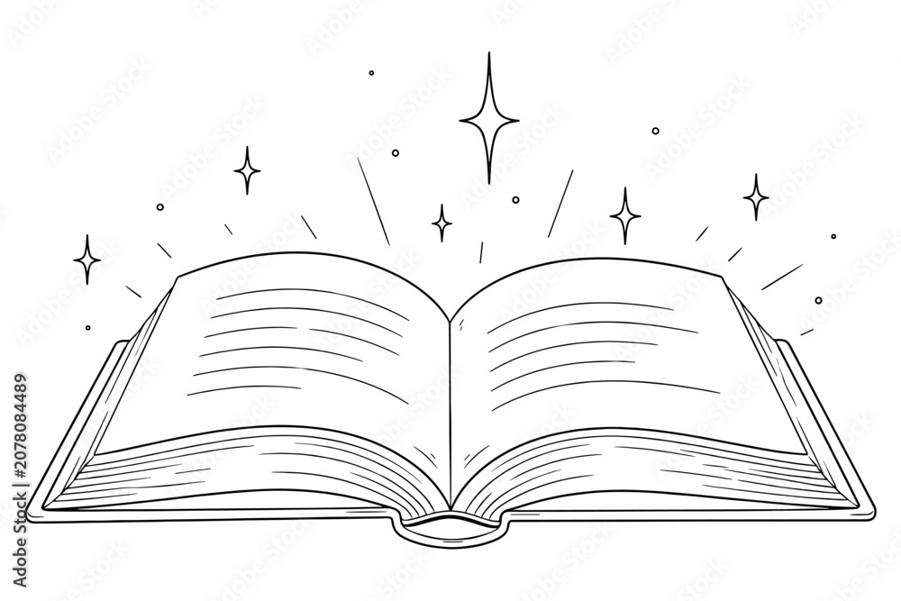 Obraz premium Enchanting illustration of an open book surrounded by sparkling stars, symbolizing imagination, storytelling, education, wisdom, fantasy, and magical knowledge.