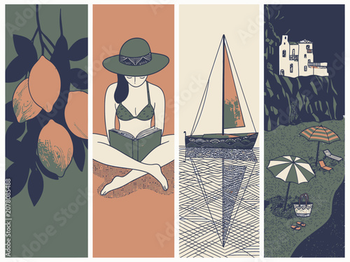 Illustrations of a woman reading by the water, lemons on a branch, and a sailboat on the sea, all in a calm and serene style