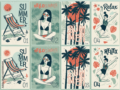 Summer illustrations featuring people enjoying beach activities, palm trees, and beach chairs on a bright sunny day