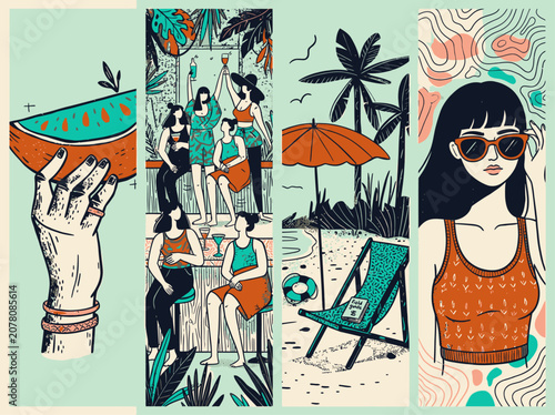 Vibrant summer illustrations depicting people enjoying leisure activities and tropical scenes with refreshing fruit