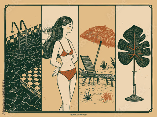 Summer Vacation Scenes Poolside Relaxation, Beach Lounging, and Tropical Flora