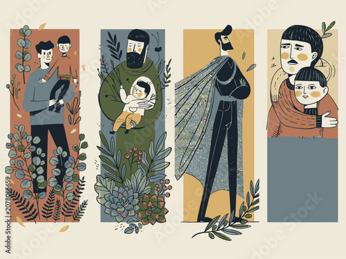 Illustrations depicting fathers and children with plants, symbolizing family, growth, and nurturing
