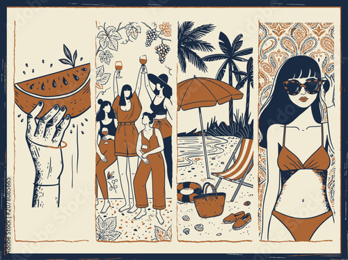 Summer Vibes A Collection of Vibrant Illustrations Featuring Refreshing Fruits, Beach Scenes, and Stylish Figures