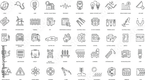 Canvastavla Electrical and Electronics Line Icons Set – Power, Circuit, Solar Energy, EV Cha