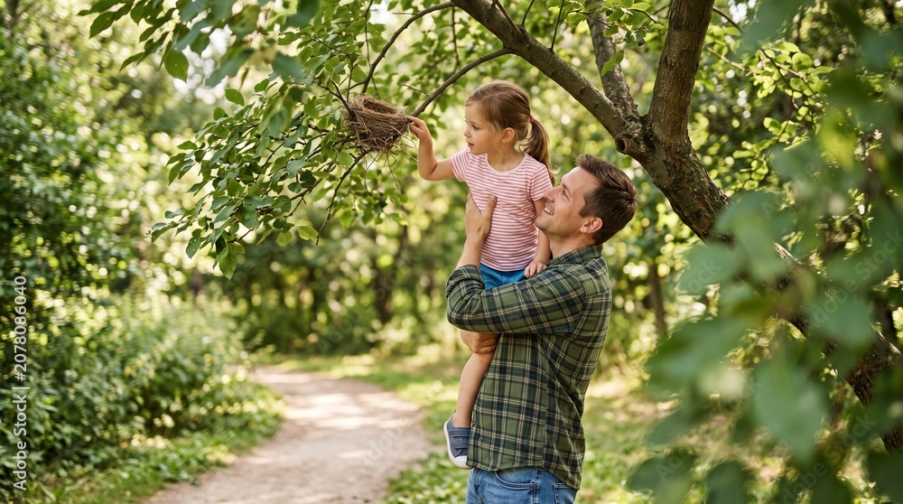Fototapeta premium Father lifts daughter to examine a bird's nest in a tree on a sunny day