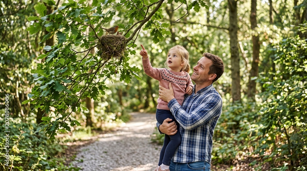 Fototapeta premium Father and daughter discover a bird's nest with chicks in a sunlit forest