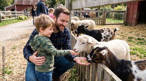 Father and son happily feeding sheep and goats at a petting zoo farm