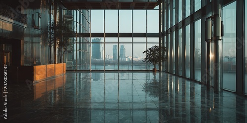 Modern building lobby with large windows overlooking a city skyline at sunrise