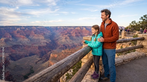 Father and daughter admire the vast Grand Canyon landscape at sunset