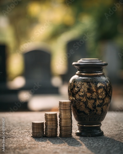 cremation urn placed next to neat stack of coins, Cemetery slabs in blurred background