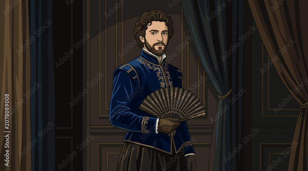 Obraz premium Renaissance nobleman in ornate blue attire holding a decorative fan