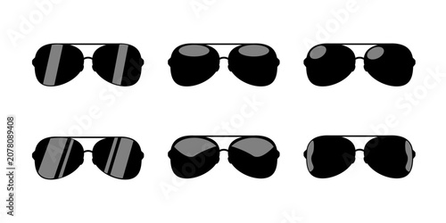 Six variations of aviator sunglasses with black frames and gray lenses on white