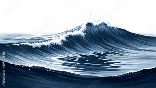 Foto Realistic of a large dark blue ocean wave with white foam, light reflections, an