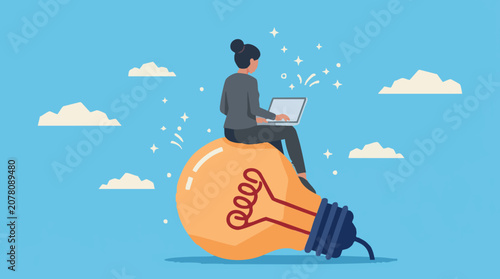 Fotografía Creative businesswoman working on laptop sitting on a lightbulb, idea