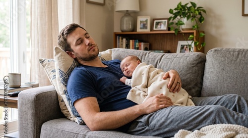 Father and newborn baby sleeping peacefully on a comfortable couch together