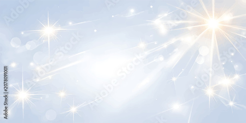 Abstract Sparkling Light Background with Sun Flare, Glowing Star Bursts, Soft Bokeh and Blue Sky Gradient Copy Space