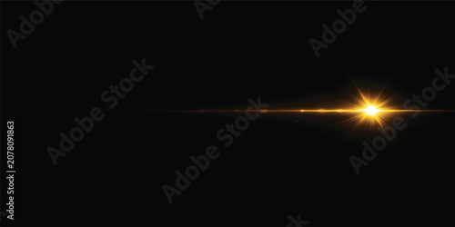 Golden Lens Flare Light Effect on Black Background with Cinematic Sunburst, Glowing Optical Beam and Abstract Light Streak
