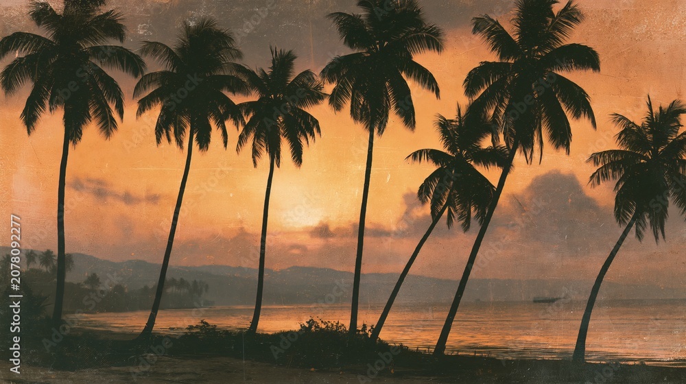 Fototapeta premium Palm trees stood against the sunset on the beach, appearing as dark shapes. It looked like an old photograph.