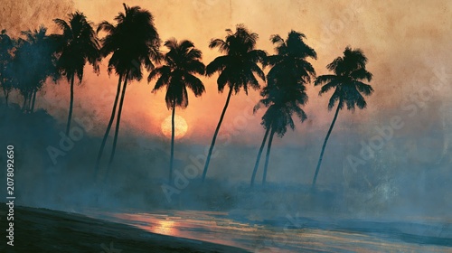 Palm trees stood against the sunset on the beach, appearing as dark shapes. It looked like an old photograph.